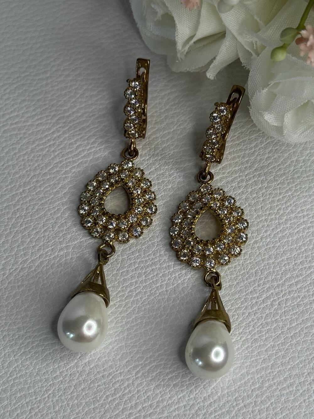 Gold Plated Pearl & CZ Earrings Length 2.6 in